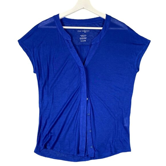 FINE COLLECTION Button Up Womens‎ SZ S Modal Silk Navy Sheer V-Neck Sleeveless - Picture 1 of 5